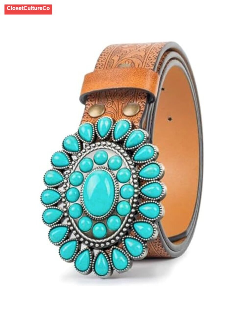 Western Belt Faux Leather Turquoise Buckle Cowgirl Cowboy Rodeo Country